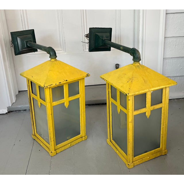 Art Nouveau Antique Early 20th C. Aesthetic Movement Mission or Mackintosh Style Outside Iron Wall Lanterns - A Pair For Sale - Image 3 of 18