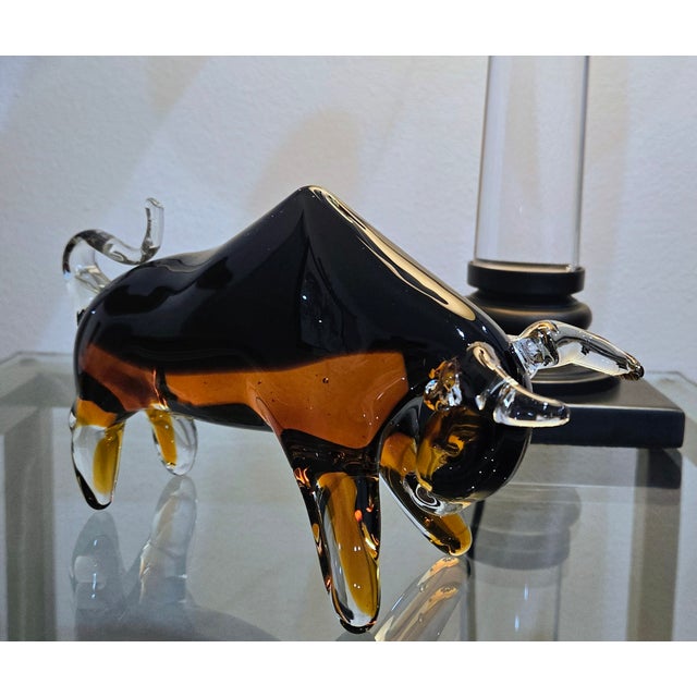 Murano-Style Amber and Black Blown Glass Bull Sculpture For Sale - Image 4 of 7