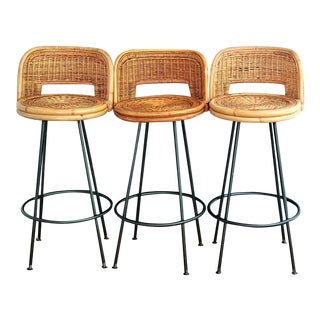 1950s Rattan and Iron Swivel Barstools- Set of 3 For Sale