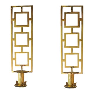 Pair of Large Brass Geometric Tabletop Sconces Home Decor by Sarreid For Sale