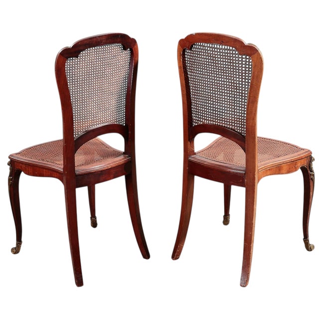 French Set of 8 Antique Louis XV Gilt Bronze Mounted Cane & Walnut Dining Chairs For Sale - Image 3 of 4