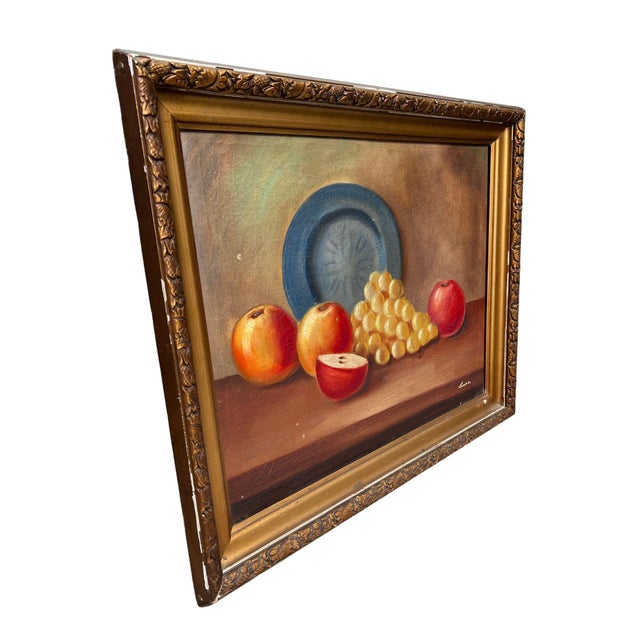 Rustic European Vintage Fruit Still Life Oil Painting in Gilt Frame, Signed For Sale - Image 3 of 14