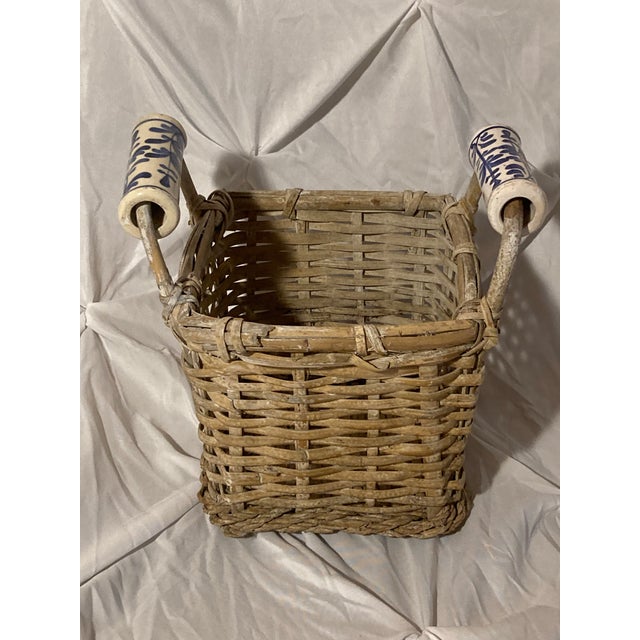 Arts & Crafts 1910s Antique Basket With Delft Ceramic Handmade Basket. For Sale - Image 3 of 12