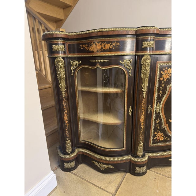 Brown Antique Victorian Serpentine Fronted Marquetry Credenza, 1860 For Sale - Image 8 of 11