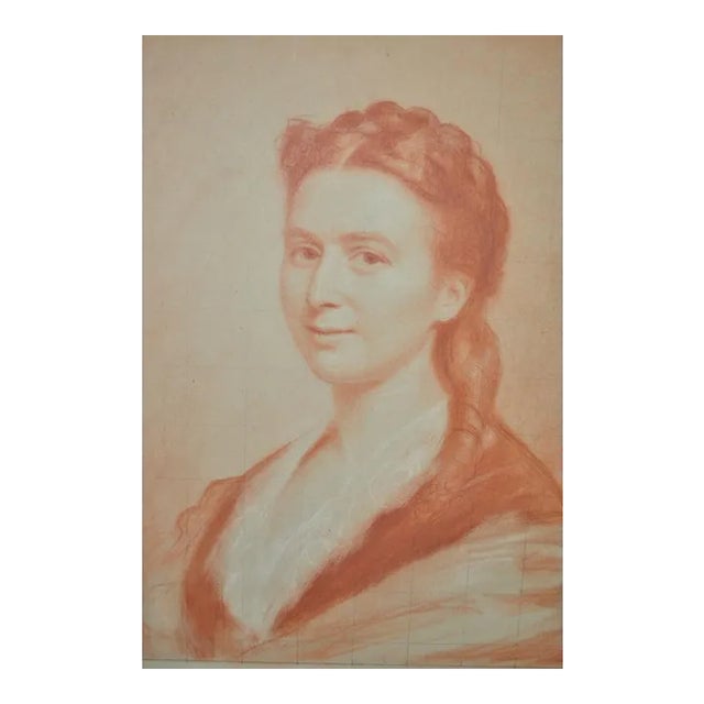 19th Century Antique Original Sanguine Portrait of a Young Woman For Sale