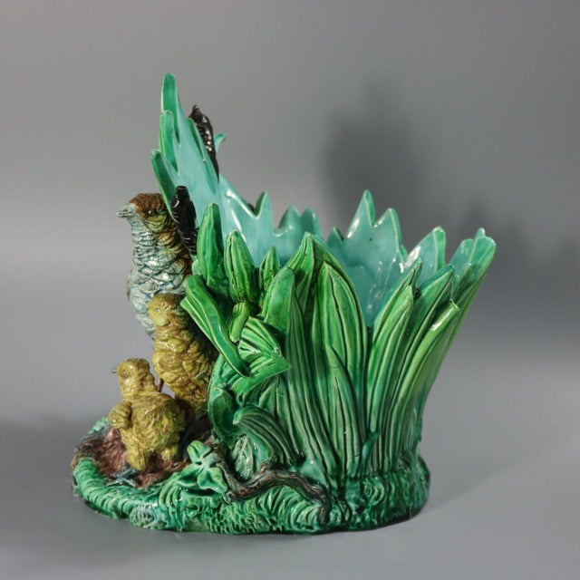 Victorian Hugo Lonitz Majolica Partridge With Chicks Planter For Sale - Image 3 of 14