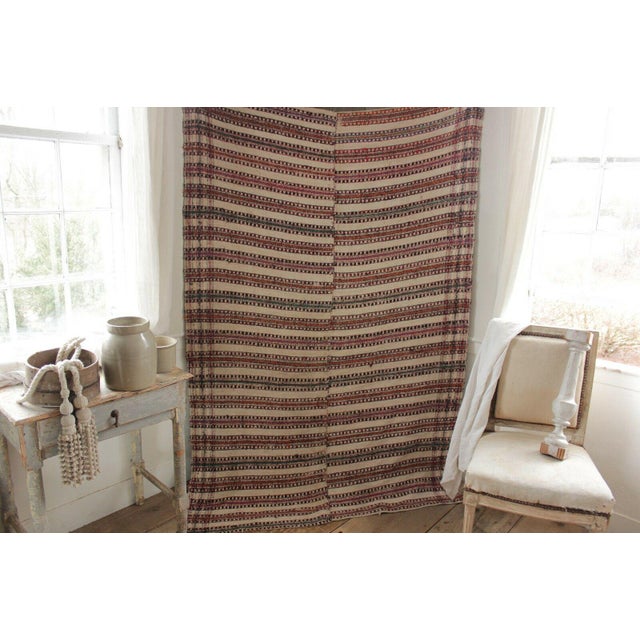 Vintage Folk Art Homespun Wool Linen Hemp Cotton Plaid Textile Throw