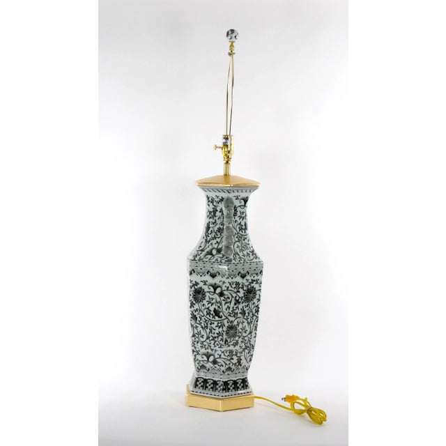 Large Pair Glazed Tapestry Porcelain / Gilt Base Table Lamps For Sale - Image 11 of 13