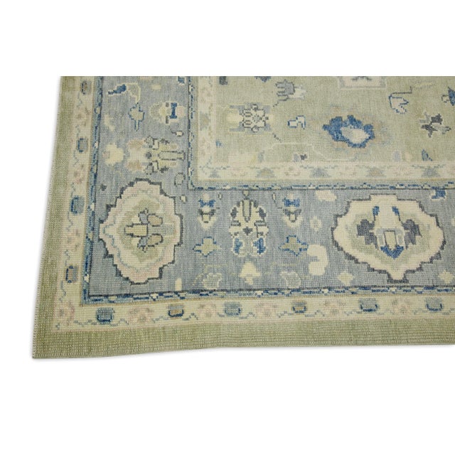 Modern Early 21st Century Green & Blue Floral Design Handwoven Wool Turkish Oushak Rug 6'2" X 8'2" For Sale - Image 3 of 8