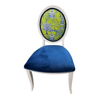 Ethan Allen Lime Green, Navy Velour, Bamboo Fabrics Accent Chair For Sale