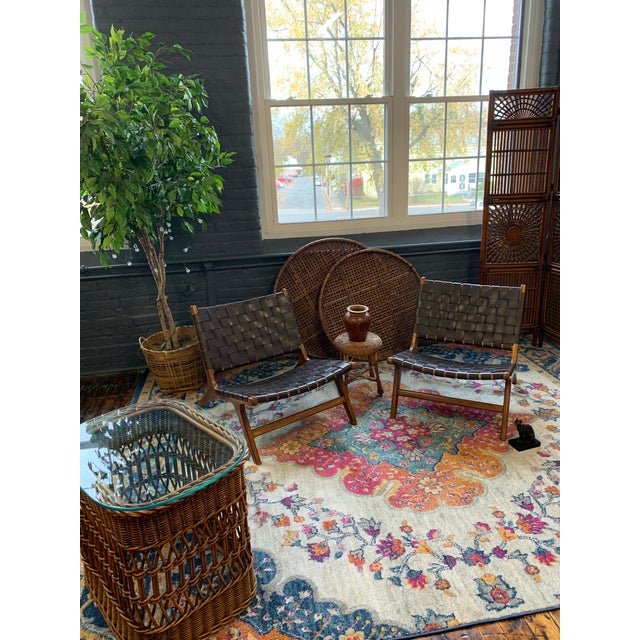 MidCentury Modern Teak Scandinavian Woven Leather Strap Lounge Chairs