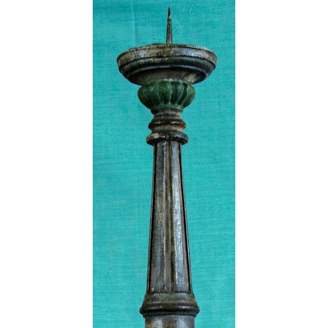 Antique Polychrome Turned Wood Pricket Candlestick on Tripod Base For Sale - Image 9 of 12