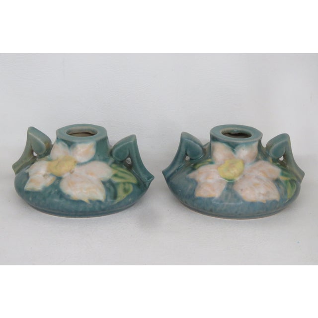 Ceramic Roseville Pottery Clematis Ceil Blue Short Candlestick Holders 1158 2 a Pair 4688b For Sale - Image 7 of 16