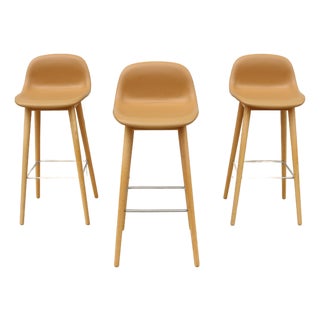 Danish Iskos-Berlin for Muuto Brown Leather Fiber Bar Stools Oak Base - Set of 3 For Sale