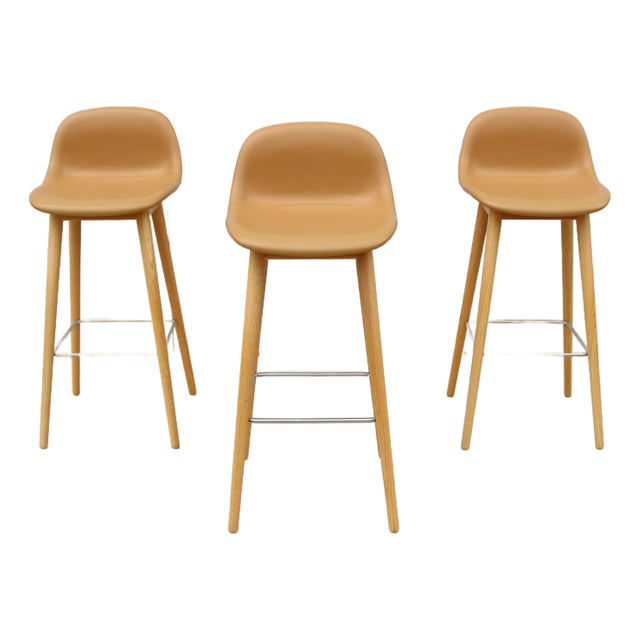 Danish Iskos-Berlin for Muuto Brown Leather Fiber Bar Stools Oak Base - Set of 3 For Sale