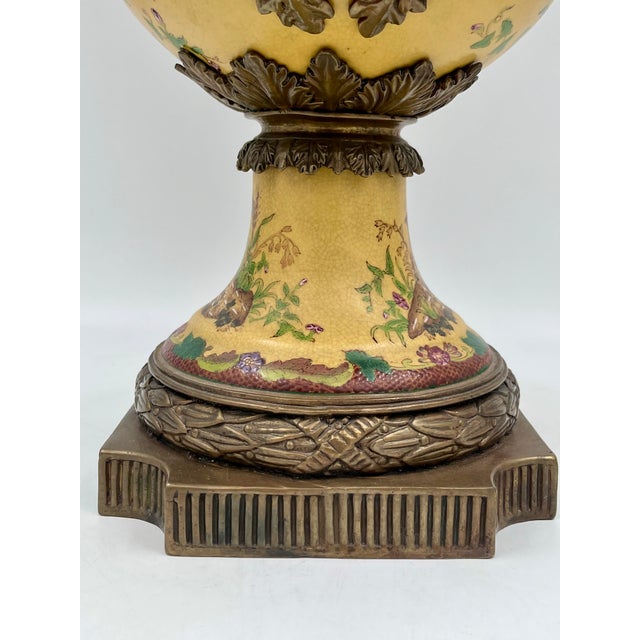 Vintage Chinoiserie Bronze Ormolu Mounted Yellow Porcelain Vase For Sale - Image 4 of 15