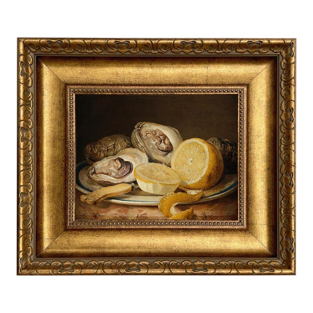 Still Life With Oysters and Lemon Framed 8x10" Oil Painting Reproduction Print on Canvas in Wide Antiqued Gold Frame For Sale