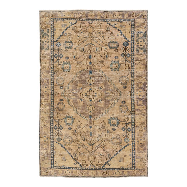 Designed Vintage Distressed Persian Wool Rug in Brown For Sale