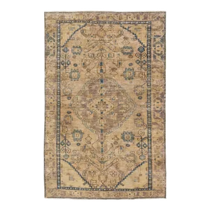 Designed Vintage Distressed Persian Wool Rug in Brown