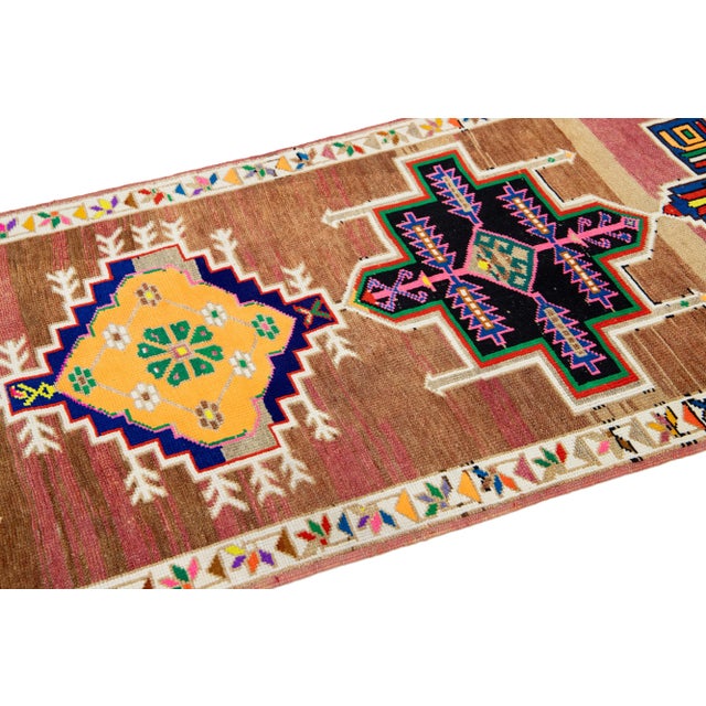 Mid-20th Century Brown Vintage Turkish Wool Runner Rug With Geometric Pattern For Sale - Image 9 of 9