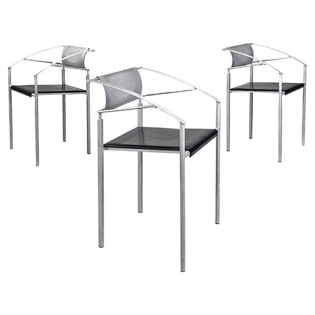 Italian Gray Metal and Black Leather Chairs attributed to Fly Line Di Carrè, 1990s, Set of 3 For Sale