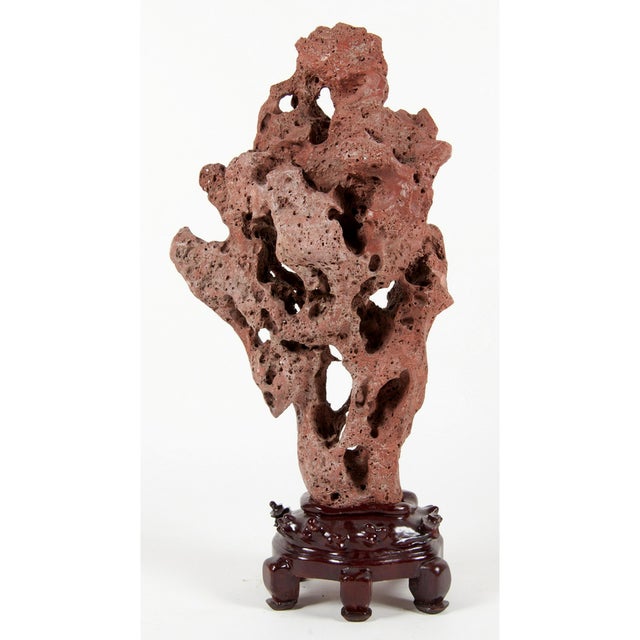 Brown Large Chinese Scholar Stone Rare Red Taihu Rock on Display Stand For Sale - Image 8 of 15