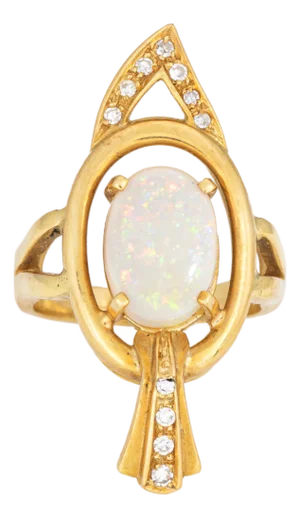 70s Opal Diamond Abstract Ring Sz 5 Vintage 18k Gold Cocktail Fine Jewelry