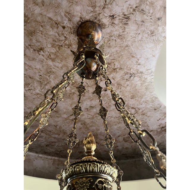 Metal Vintage French Neoclassical / Empire Style Gilt Bronze Chandelier With Tortoiseshell Patterned Bowl and Translucent Glass Shades For Sale - Image 7 of 7