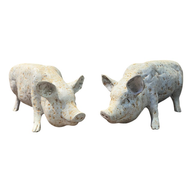 Painted White Cast Iron Pigs, Set of 2 For Sale