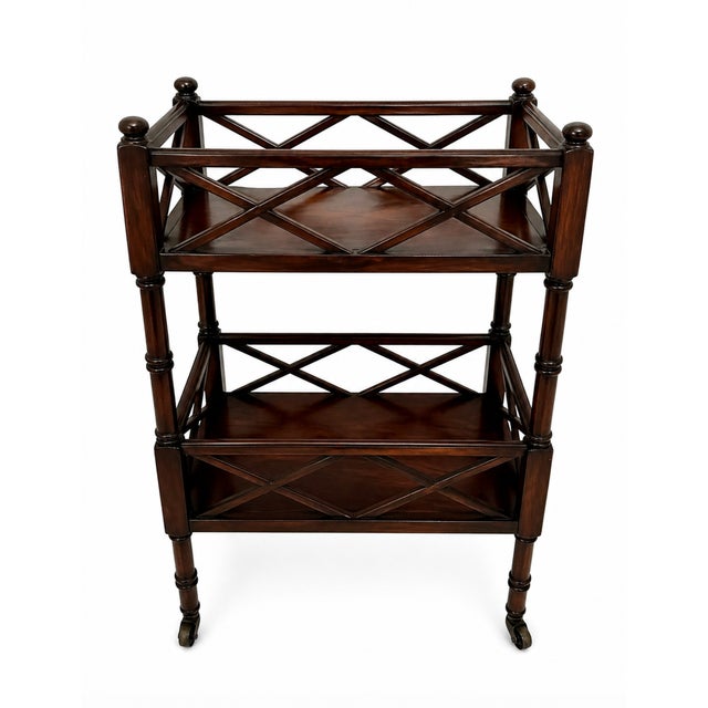 2020s Traditional Two-Tier Plantation Cherry Side Table With Casters & Fretwork Detail For Sale - Image 5 of 6
