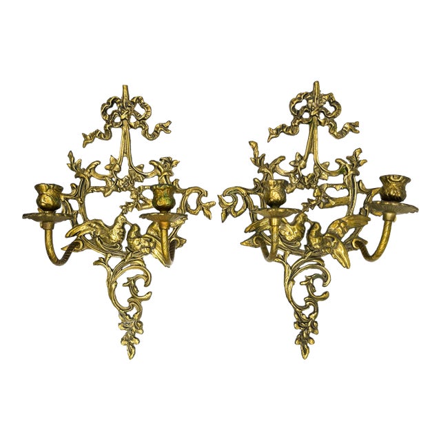 Pair of Vintage Cast Brass Lovebird Wall Candle Sconces – Hollywood Regency / French Country For Sale