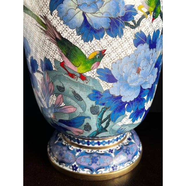 Rare Pair of Large Chinese Ming Style Blue and White Cloisonné Vases For Sale In Washington DC - Image 6 of 12