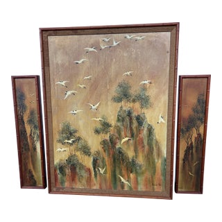 1960s Mid-Century Modern 3-Panel Triptych Painting by Thomas Pell Soaring Cranes & Landscape For Sale