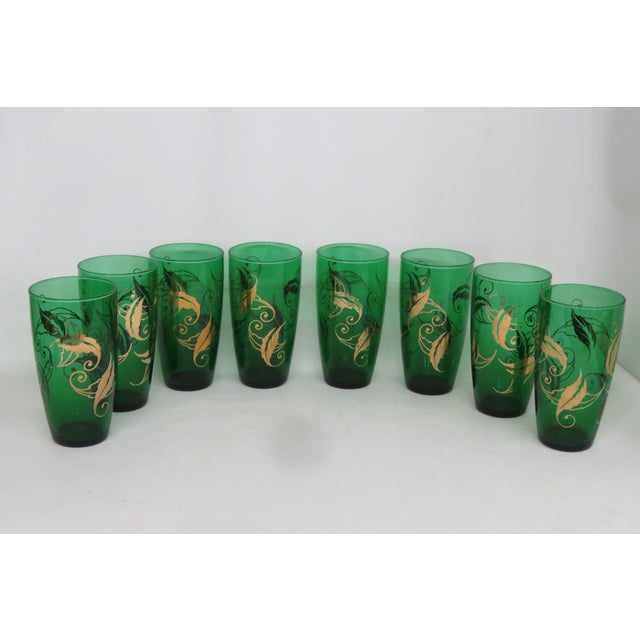 Anchor Hocking Mid Century Anchor Hocking Green Tumblers Gold Leaves Set of Eight 4603b For Sale - Image 4 of 14