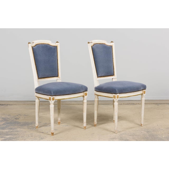 Antique French Louis XVI Style Painted Accent Chairs in Blue Mohair - A Pair For Sale - Image 14 of 18