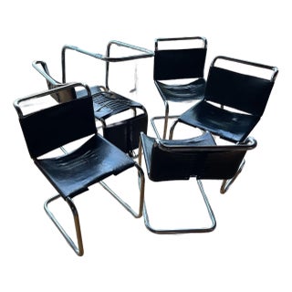 Six Vintage Breuer Attributed Leather Laced Back Chairs For Sale