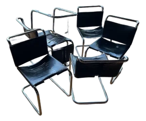 Six Vintage Breuer Attributed Leather Laced Back Chairs