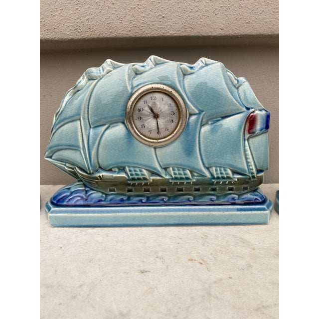 French Majolica Sailing Ship Clock With 2 Vases Sarreguemines Esdeve Circa 1930. Set with a clock and 2 vases. Art deco...