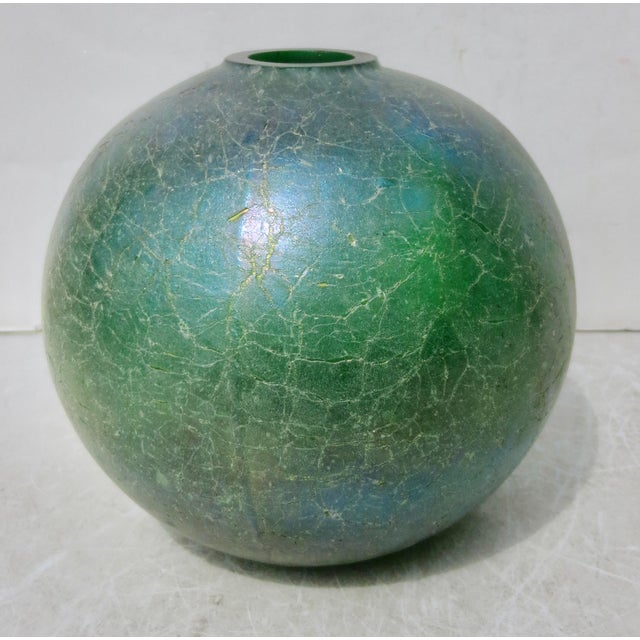 Green Glass Globe With Irridescent Crackle Surface Flash For Sale - Image 4 of 11