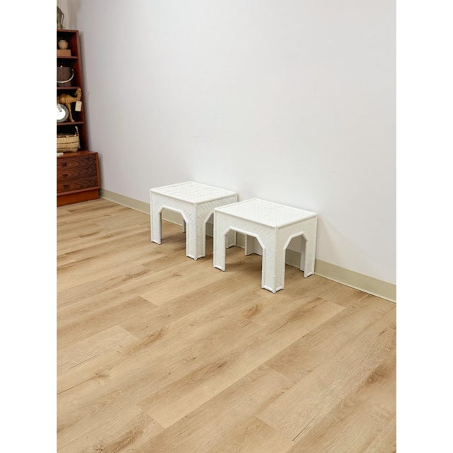 Mid 20th Century Vintage Side Tables White Painted Parquet Faux Bamboo Regency Pair Accent Tables For Sale - Image 5 of 10