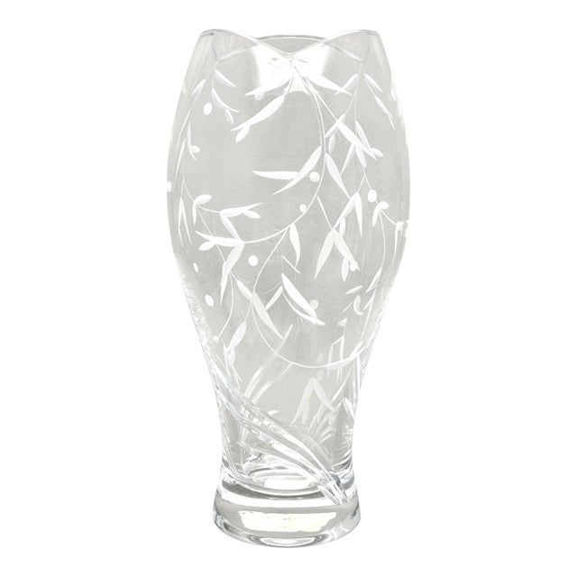 Vintage Lenox “Opal Innocence” Crystal Vase With Etched Vine Design and Scalloped Rim For Sale
