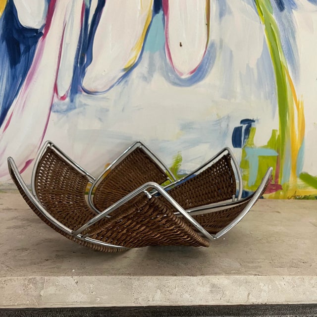 Vintage 20th Century brown wicker and metal bowl in a lotus form.