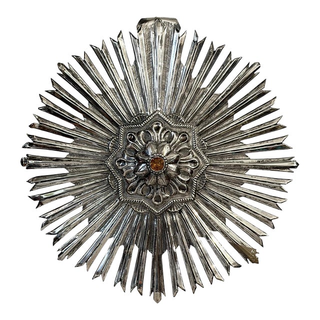 19th C Portuguese Sterling Silver Wall Hanging Embossed Splendor With Stone 12" H For Sale
