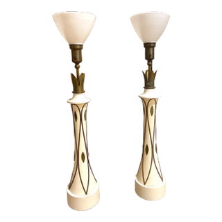 Hollywood Regency Cream and Brass Tall Buffet Lamps - a Pair For Sale