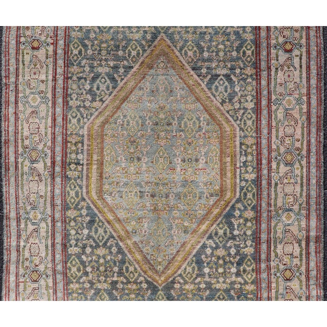 Antique Persian Senneh Rug With Soft Blue Field and Geometric Medallion For Sale - Image 11 of 13