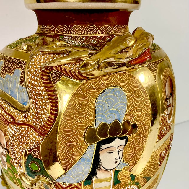 Vintage Hand Painted Japanese Satsuma Moriage Ironstone Table Lamp With Raised Relief Dragon For Sale - Image 6 of 17