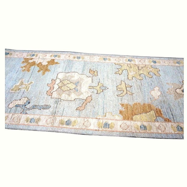 21st Century Turkish Oushak Wool 2x10 Light Blue, Yellow & Ivory Handmade Runner Rug #1144116 For Sale - Image 9 of 11