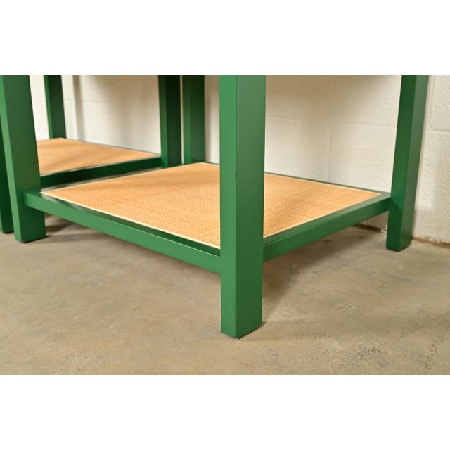 Michael Taylor for Baker Furniture Mid-Century Hollywood Regency Green Lacquer and Cane Campaign Nightstands, Newly Refinished For Sale - Image 11 of 15