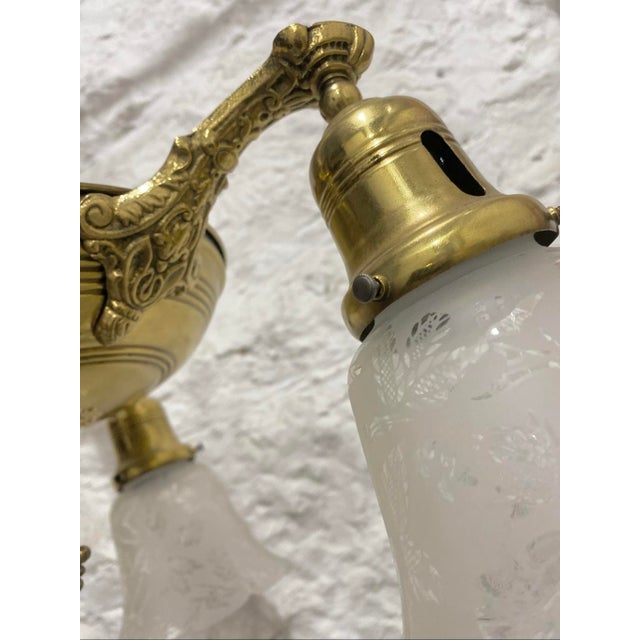 Art Nouveau Antique 1930s Pan Light Art Nouveau Brass 3 Arm Chandelier Light Fixture For Sale - Image 3 of 7
