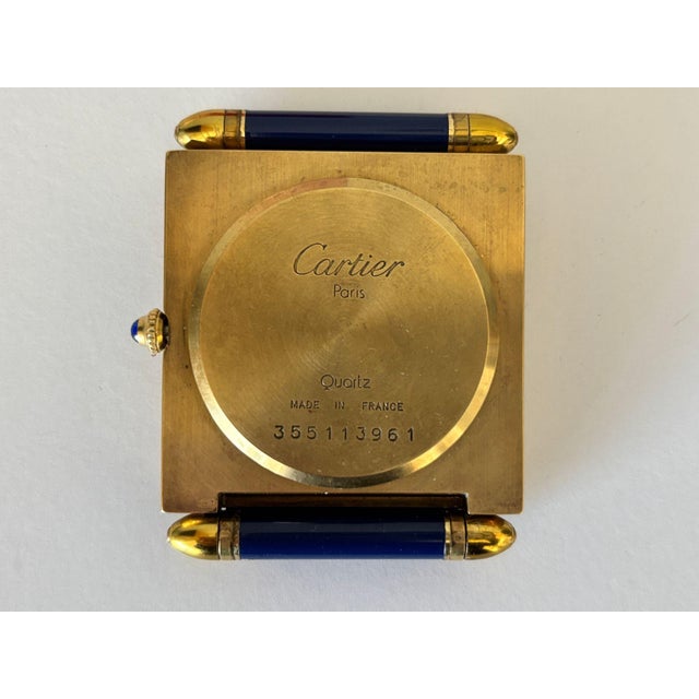 Brass Vintage Cartier Folding Travel Desk Clock Paris Gilt-Brass and Blue Enamel 1990 For Sale - Image 8 of 18